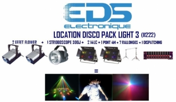 <span>location</span> DISCO PACK LIGHT 3:   2 Effet flower + stroboscope 300J + 2 projecteur 4 lampes 4x300W + dispatching + 1 pont de 4m +  4 rallonges secteurs
